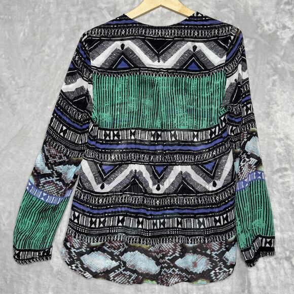 Hale Bob Shirt Womens Medium Multicolor Silk Boho Blouse Long Sleeve V Neck - Picture 3 of 10